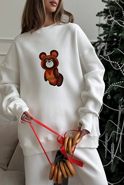 The Champ Clothing Women's Oversized Sweatshirt Dress Misha Mood Printed White – Crew Neck, 3 Thread Ş Fleece-Lined Fleece