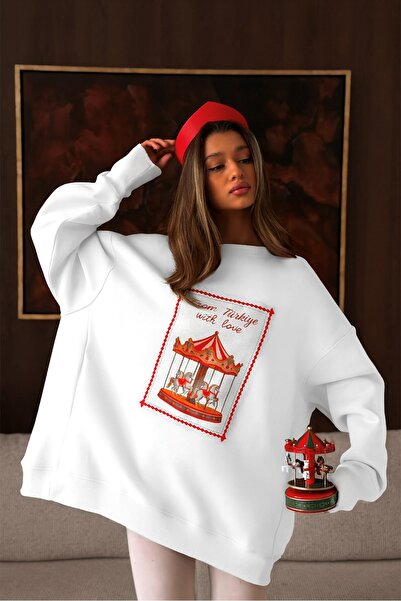 The Champ Clothing Women's Oversized Sweatshirt Dress Carousel Love Printed White – Crew Neck, 3 Thread Ş Fleece-Lined Fleece