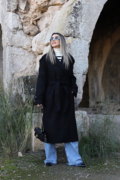 bytugcekaya Palton negru căptușit cu detaliu cu nasturi