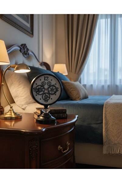 Evine Saat Ve Aksesuar Dekoratif Masa Üstü Saat, Siyah Metal Çarklı Masa Saati