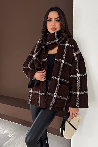 Marka Women's Plaid Kaşkol Cardigan