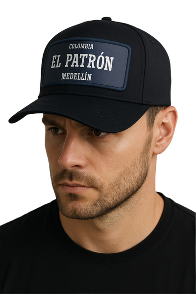 CosmoOutlet Men's Colombia Medellin El Patron Written Removable Bench Logo Black-Navy Hat