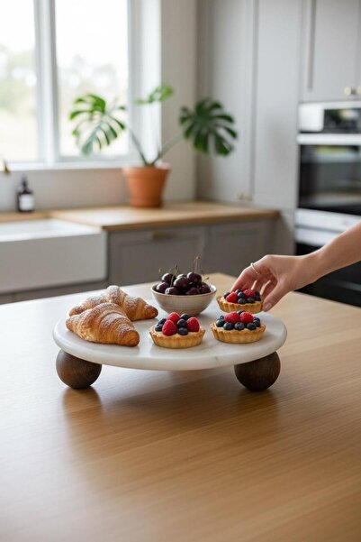 ANJEAHOME Bunbury Mermer Ahşap Top Ayaklı Sunum Standı | 24x10 cm | Gri Merme...