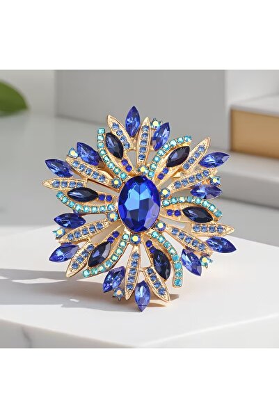 begüm jewelery LACİVERT-MAVİ DAMLA TAŞLARLA İŞLENMİŞ ÇİÇEK MODEL TASARIM BROŞ