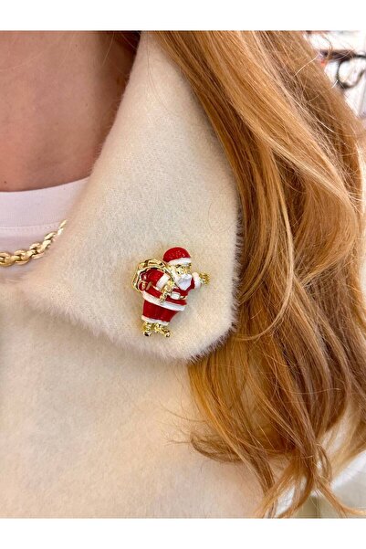 Esmeray Aksesuar Metal Gold Renk Kırmızı Beyaz Noel Baba Figürlü Yılbaşı Temalı Broş / Yaka İğnesi Uzunluk 4 cm.