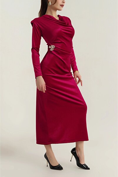 sharin Women's Red Velvet Shoulder Pad Piece Long Sleeve Degaje Collar Long D...