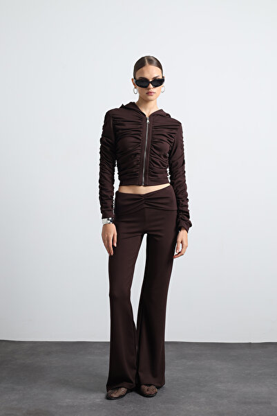 Mozto Brenna Büzgü Detaylı Kahverengi Modal Pantolon