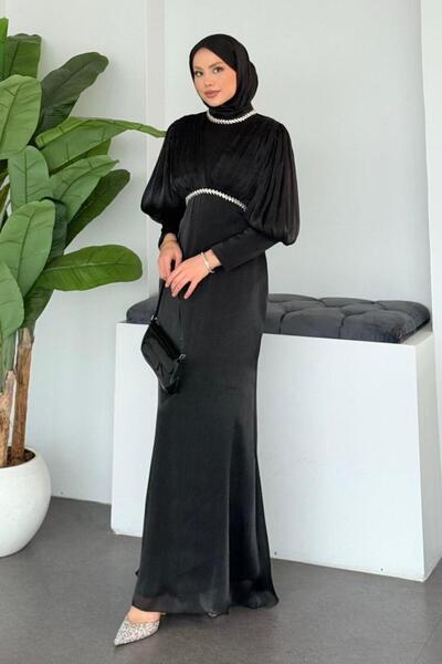 Şulemoda Giyim Rochie de seară Duygu cu guler înalt, cu piatră, neagră