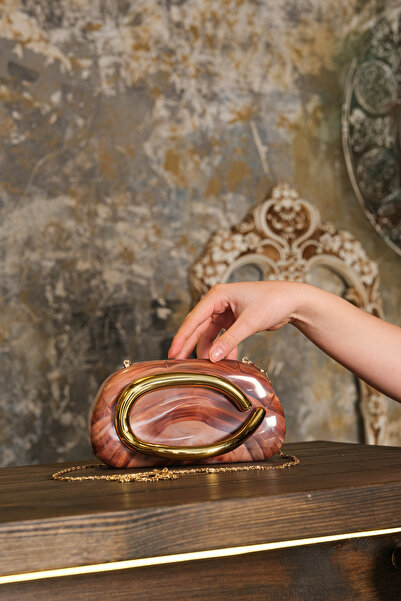 ROZA CANTA Γυναικείο Καφέ Γυαλιστερό Βραδινό Φόρεμα για Γάμο Τσάντα