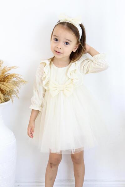 kidello Ecru Bow Velvet Baby Dress with Pleated Ruffles and Tulle