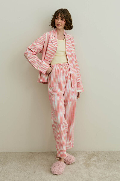 Fahhar Thick Striped Shirt Pajama Set Pink