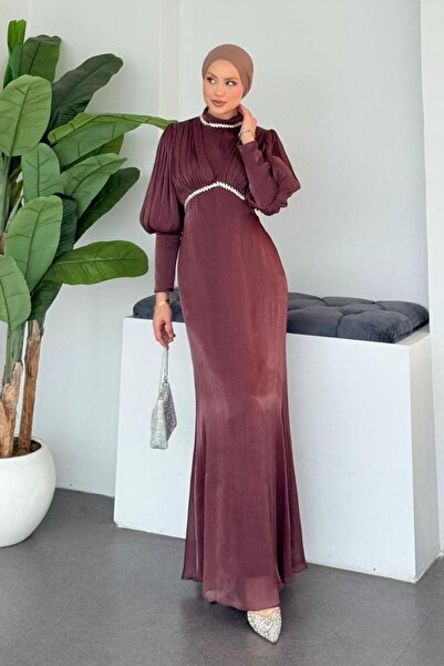 Şulemoda Giyim Βραδινό φόρεμα Duygu Bel με πέτρες σε ροζ χρώμα Dusty Rose