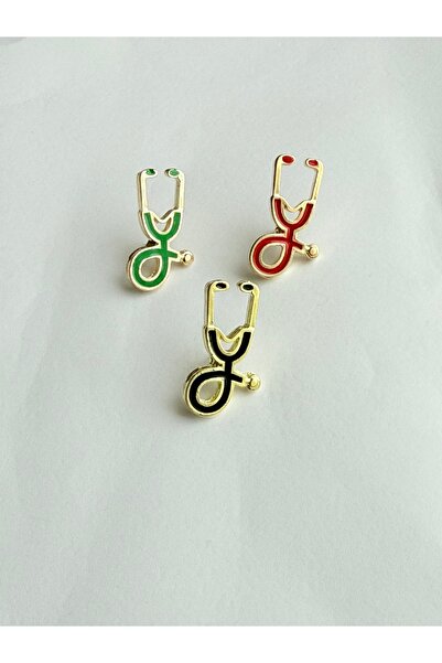 Stethoscope Collar Badge Brooch 3 Pieces Black, Red and Green Color Combination Doctor Nurse Metal Gold