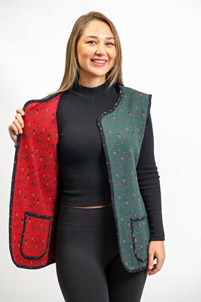 Eliş Şile Bezi Sleeveless Virgin Mary Double-Sided Pocket Flannel Winter Vest Green/Burgundy Yşl/Brd