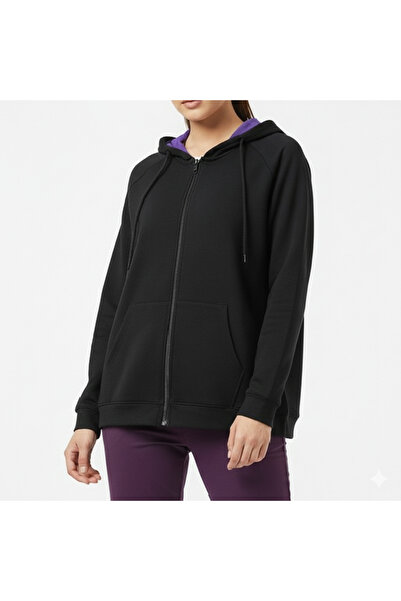 bumerangspor سويت شيرت نسائي أسود اللون بتفاصيل داخلية باللون الأرجواني وسحاب...