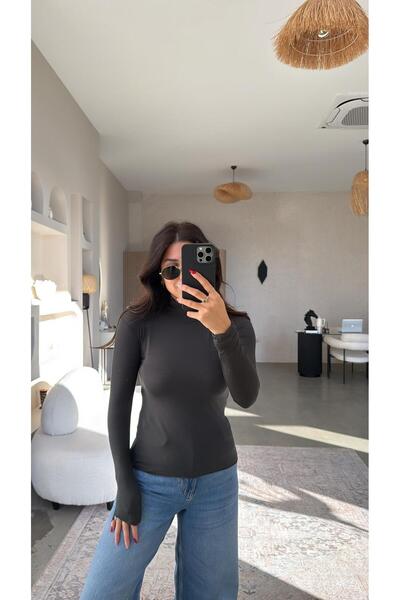 Buket Teke Μπλούζα ανθρακί με ψηλό λαιμό, ημιδιάφανη