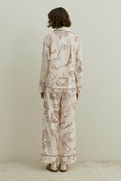 Fahhar Croissant Pattern Cotton Pajama Set Ecru