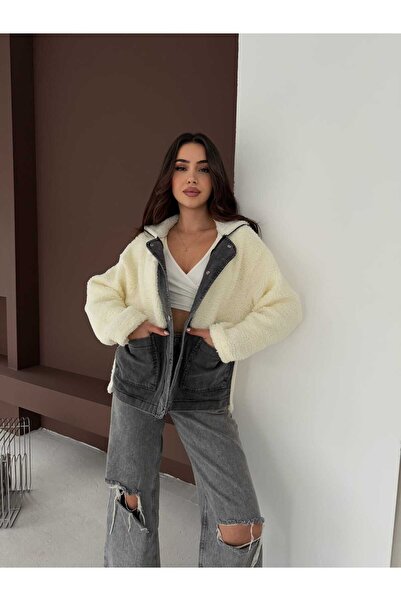 DAME معطف نسائي من الجينز الأسود بتفاصيل فاخرة وأزرار كبس أمامية بغطاء رأس من قماش تيدي القطيفة