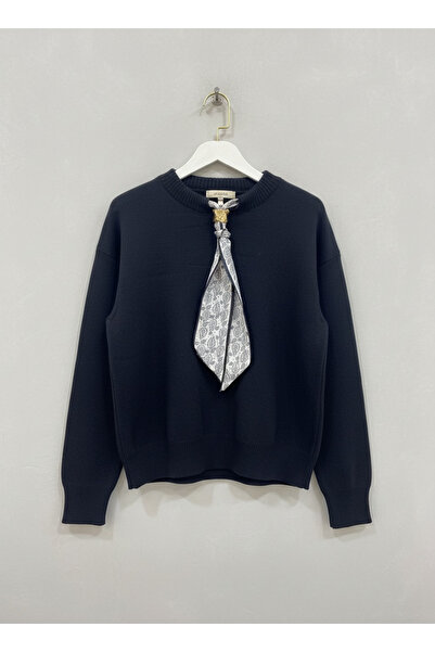 mahira collection Pulover tricot pentru femei albastru marin guler rotund cu ...