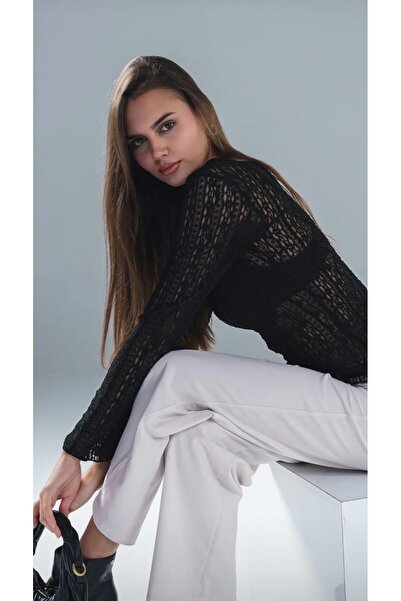 elnabutik Siyah İspanyol Kol Örme Dantel Bluz