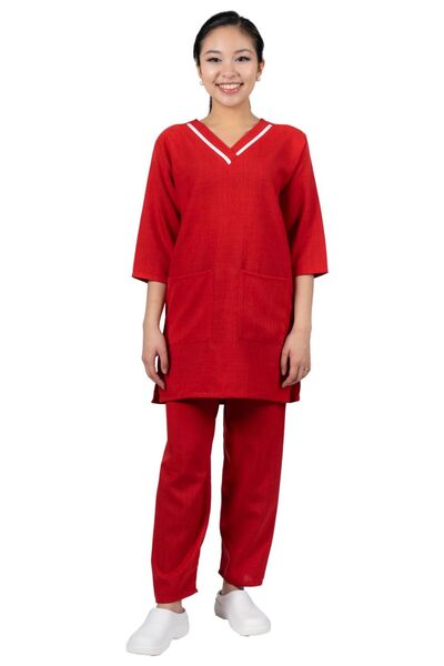 ABSHIR طقم زي الخادمة/الخادمة/المربية، سترة بفتحة رقبة على شكل حرف V وأكمام ثلاثة أرباع وبنطلون من الكتان