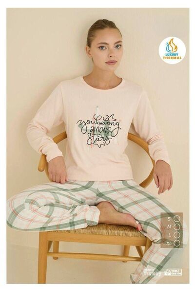 İpek طقم بيجامة نسائية حرارية من القطن بأكمام طويلة وياقة دائرية