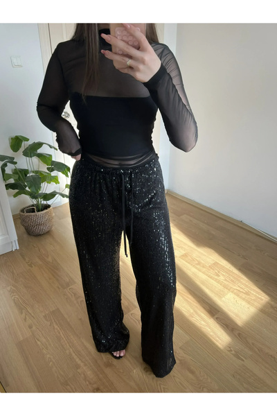 Souwe Payetli İpli Siyah Pantolon