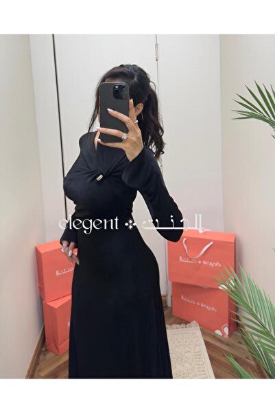 Elegent فستان سهرة ناعم طويل بلون أسود مع بروش فخم