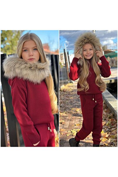 KOKOŞ BEBEK Girl's Knitwear Fur 2-Piece Set – Age 2/12 – Detachable Fur Detail – Stock Code: 31585