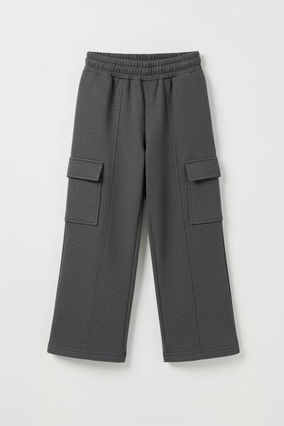 Perendi بنطال رياضي واسع الساق للفتيات مكون من جيب جانبي كبير قطع – أنثراسايت