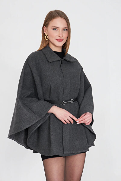 NEWLAKER Kaşe Poncho Jacket with Fabric Belt Detail