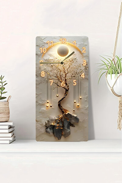 kutuTR ساعة طاولة MDF مطبوعة بتقنية الأشعة فوق البنفسجية ثنائية الأبعاد مع تصميم ثلاثي الأبعاد للقمر وشجرة الحياة الذهبية 20×40 سم-DTS092