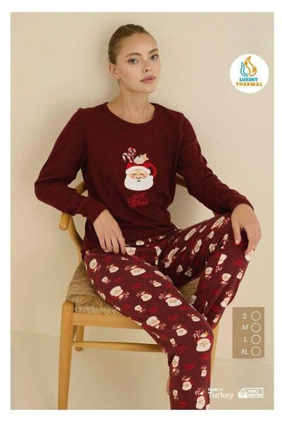 İpek Kadın Uzun Kol Bisiklet Yaka Yeni Yıl Temalı Termal Pamuklu Pijama Takımı