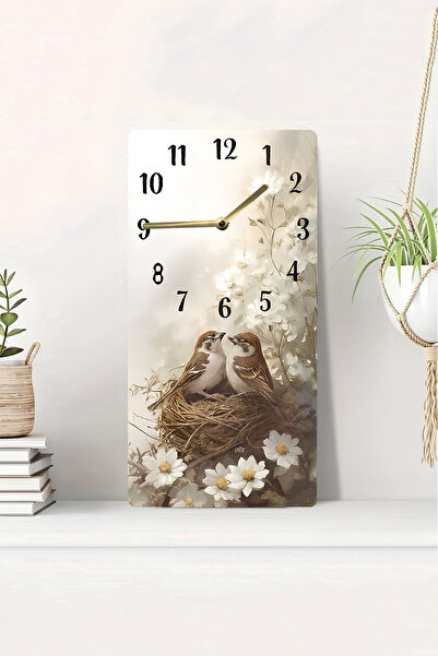 kutuTR 3D Görünümlü Kuşlu Çiçekli UV Baskı MDF Tablo Saat 20x40 cm Dekoratif Duvar Saati-DTS102