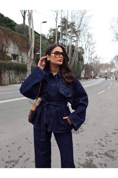 Helen Goods طقم نسائي من الجينز مكون من سترة وبنطلون قصة فضفاضة