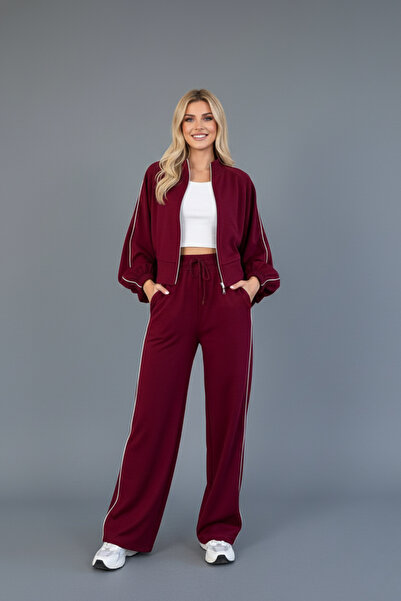 HepsitrentStore طقم نسائي رياضي مخطط بأكمام بالونية ونسيج ساتان من الأعلى وال...