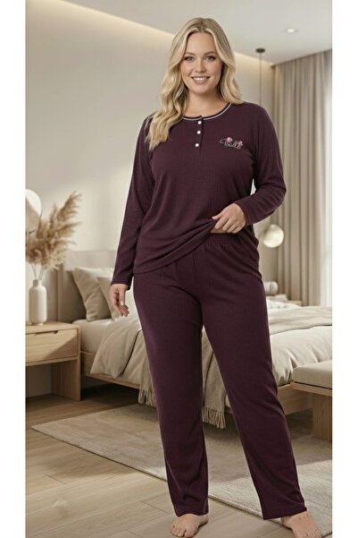 Eyfuze Women's Winter Plus Size Collar Buttoned Long Sleeve Interlock Pajamas Set