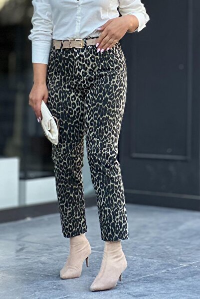 Suziş Women's Cut-Out Leg Leopard Patterned Stretch Fabric Pants Utc011