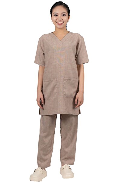 ABSHIR طقم زي الخادمة/الخادمة/المربية المحترفة، سترة بياقة على شكل حرف V وأكمام قصيرة وبنطال