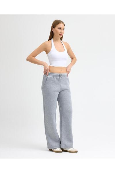 DI LORIA بنطال رياضي نسائي رمادي اللون بثلاثة خيوط من طراز مبطن بالصوف بالازو