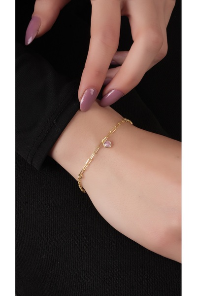 SUNSHINE 925 Ayar Gümüş, Gold Kaplamalı Ataç Zincirli Kişiye Özel Doğum Taşlı...