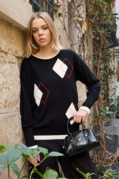 Clothes Fast Women's Black Geometric Patterned Round Neck Glitter Knitwear Blouse