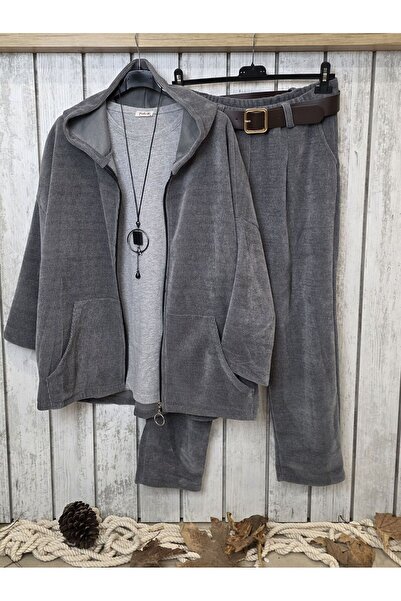 pudubutik Gray Hooded Velvet Sweat Jacket