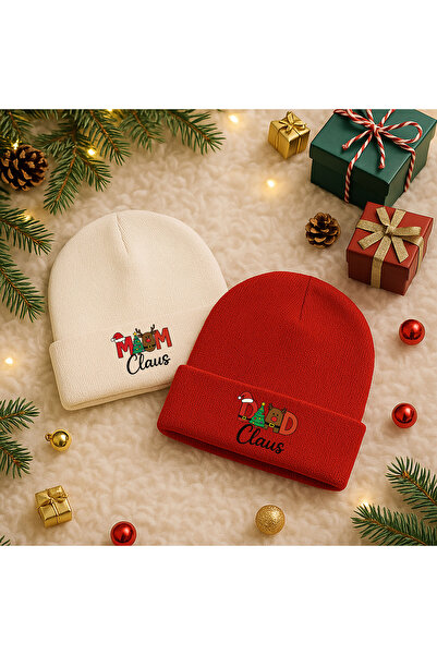 MODA 2026 Christmas New Year Printed 2-Piece Red Ecru Winter Beret Hat Combin...