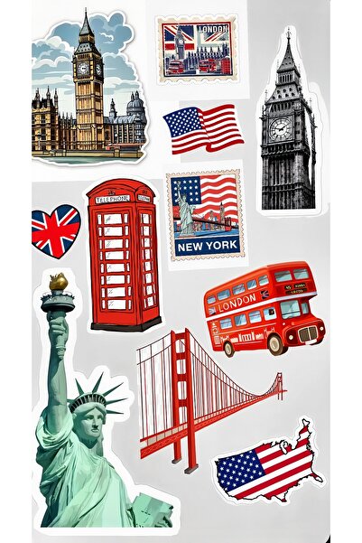 BENİMSER REKLAM مجموعة ملصقات بتصميم لندن ونيويورك - 22×30 سم |   بيج بن، كشك الهاتف، تمثال الحرية