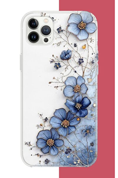 Iphone 12 Pro Compatible Blue Flower UV Printed Silicone Case