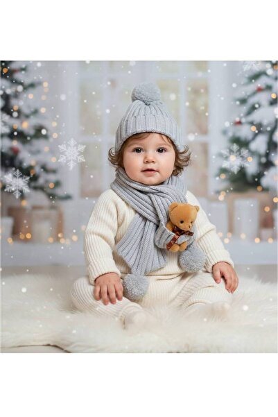 EXTRAÇARŞI طقم وشاح وقبعة للفتيات مع دمية دب للأطفال من عمر 6/18 شهرًا