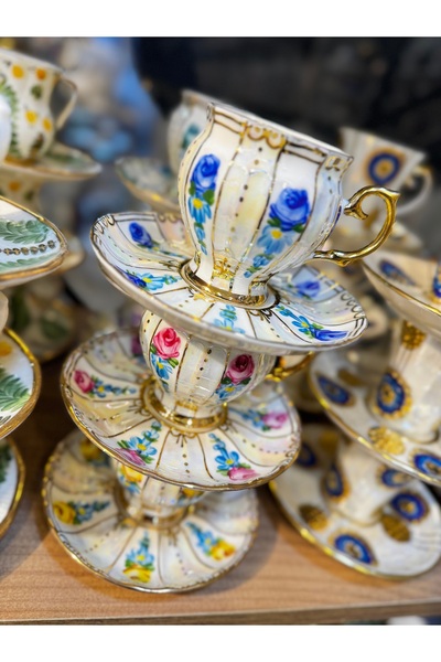 Handmade ESTERHOMEDECOR 6 Kişilik el boyama porselen kahve fincan takımı