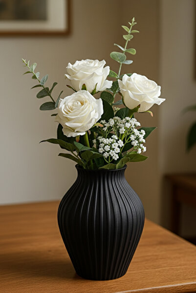 MEK مزهرية بلاستيكية كلاسيكية مخططة واسعة الشكل للزينة باللون الأسود (18×17.5 سم)