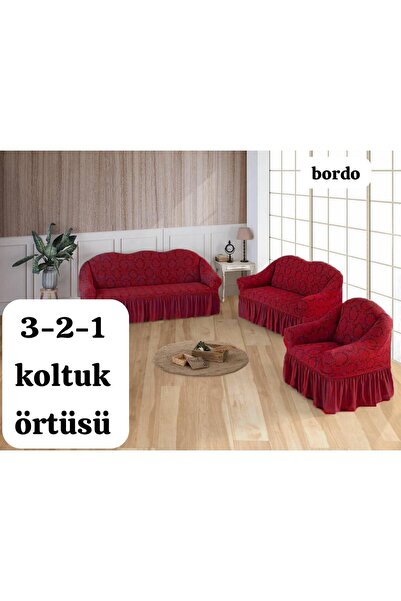 ARTUÇ Jakarlı şal desen (3-2-1 ) eteklı tam kaplama koltuk kenepe örtüsü (bordo)